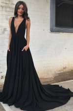 Beauteous With Train A-line Sleeveless Black Prom Gown Court Train Backless
