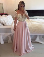 Pretty Floor Length Pink Homecoming Dress Scoop Short Sleeves Zipper