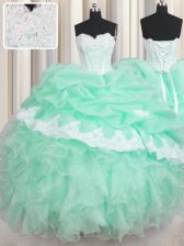 Dramatic Apple Green Ball Gowns Organza Sweetheart Sleeveless Beading and Ruffles and Pick Ups Floor Length Lace Up 15th Birthday Dress