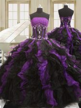  Black And Purple Strapless Neckline Beading and Ruffles Sweet 16 Quinceanera Dress Sleeveless Lace Up