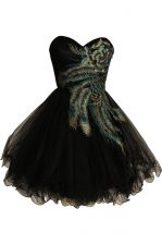  Knee Length Black Prom Gown Tulle Sleeveless Embroidery