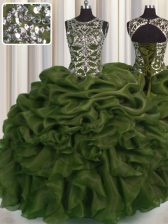 Great See Through Olive Green Sleeveless Organza Lace Up Sweet 16 Dresses for Military Ball and Sweet 16 and Quinceanera
