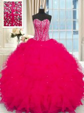  Floor Length Coral Red Quinceanera Dress Organza Sleeveless Beading and Ruffles