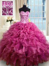 Sexy Fuchsia Ball Gowns Sweetheart Sleeveless Organza Floor Length Lace Up Beading and Ruffles 15th Birthday Dress