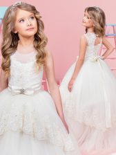  Scoop White Sleeveless Floor Length Lace and Bowknot Lace Up Flower Girl Dresses for Less