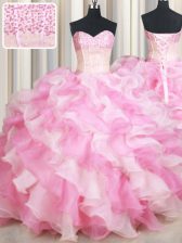Latest Pink And White Sleeveless Beading and Ruffles Floor Length Quinceanera Dresses