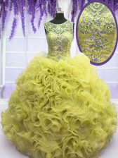 Super Scoop Floor Length Yellow Quinceanera Gown Organza Sleeveless Beading and Ruffles