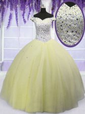  Ball Gowns 15 Quinceanera Dress Light Yellow Off The Shoulder Tulle Short Sleeves Floor Length Lace Up