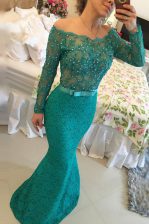 Charming Mermaid Off the Shoulder Lace Long Sleeves Side Zipper Floor Length Beading Prom Party Dress