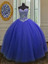 Great Royal Blue Lace Up 15th Birthday Dress Beading Sleeveless Floor Length