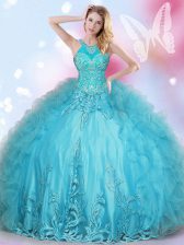  Halter Top Aqua Blue Lace Up Quinceanera Dresses Beading and Appliques Sleeveless Floor Length
