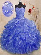 Attractive Blue Sweetheart Neckline Beading and Ruffles Quinceanera Gown Sleeveless Lace Up