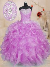  Lilac Organza Lace Up Sweetheart Sleeveless Floor Length Sweet 16 Dresses Beading and Ruffles
