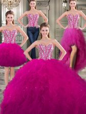  Three Piece Fuchsia Sweetheart Neckline Beading and Ruffles Quince Ball Gowns Sleeveless Lace Up