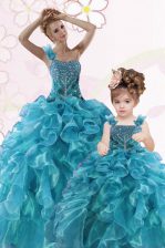 Flare One Shoulder Sleeveless Floor Length Beading and Ruffles Lace Up Quinceanera Gown with Teal