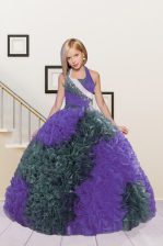  Halter Top Eggplant Purple Lace Up Party Dress Beading and Ruffles Sleeveless Floor Length