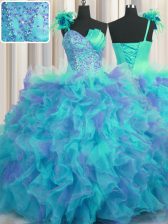 Custom Made Handcrafted Flower Multi-color Tulle Lace Up One Shoulder Sleeveless Floor Length Quinceanera Dress Beading and Ruffles and Hand Made Flower