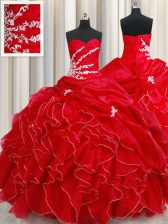 Dramatic Floor Length Lace Up Quinceanera Gown Red for Military Ball and Sweet 16 and Quinceanera with Beading and Ruffles and Pick Ups