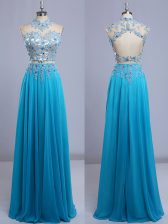 Lovely Baby Blue Cap Sleeves Chiffon Backless Prom Gown for Prom and Party