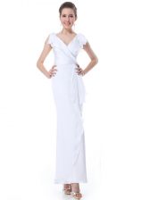 Inexpensive White Column/Sheath Ruffles Evening Dress Zipper Chiffon Cap Sleeves Floor Length