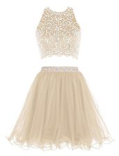 Trendy Scoop Sleeveless Mini Length Beading Backless Homecoming Dress with Champagne
