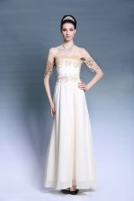  White Empire Satin Off The Shoulder Short Sleeves Appliques Floor Length Zipper Prom Dress