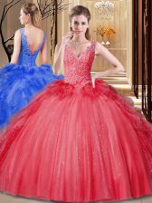 High Quality Red Ball Gowns Tulle and Sequined V-neck Sleeveless Appliques and Sequins and Pick Ups Floor Length Backless Quinceanera Dresses