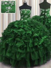 Excellent Dark Green Sleeveless Appliques and Ruffles and Ruffled Layers Floor Length Quinceanera Dress