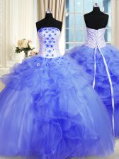 Simple Blue Ball Gowns Pick Ups and Hand Made Flower Sweet 16 Dresses Lace Up Tulle Sleeveless Floor Length