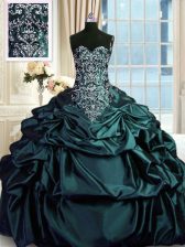 Enchanting Dark Green Quince Ball Gowns Military Ball and Sweet 16 and Quinceanera with Beading and Embroidery and Pick Ups Sleeveless Zipper