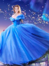 Adorable Cinderella Royal Blue Ball Gowns Tulle Off The Shoulder Sleeveless Beading and Bowknot Floor Length Lace Up Sweet 16 Quinceanera Dress