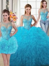 Traditional Three Piece Scoop Sleeveless Quince Ball Gowns Floor Length Beading and Ruffles Baby Blue Tulle