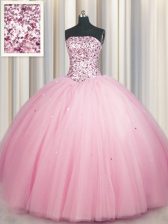 Flirting Big Puffy Pink Ball Gowns Tulle Strapless Sleeveless Sequins Floor Length Lace Up Vestidos de Quinceanera