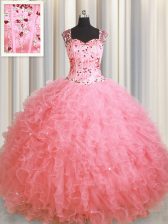  See Through Zipper Up Pink Ball Gowns Organza Square Sleeveless Beading and Ruffles Floor Length Zipper 15th Birthday Dress
