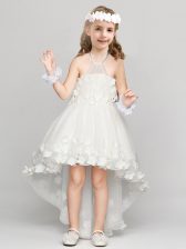 Super Halter Top Sleeveless Organza High Low Zipper Flower Girl Dresses for Less in White with Appliques and Bowknot