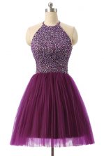  Halter Top Sleeveless Tulle Knee Length Zipper Prom Dresses in Purple with Sequins