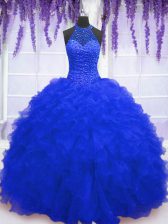 Deluxe Sequins High-neck Sleeveless Lace Up Quince Ball Gowns Royal Blue Organza
