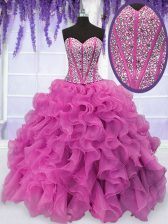  Hot Pink Sleeveless Organza Lace Up Quinceanera Dress for Military Ball and Sweet 16 and Quinceanera