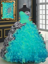 Stylish Aqua Blue Organza and Printed Lace Up Vestidos de Quinceanera Sleeveless With Brush Train Beading and Ruffles and Pattern