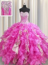 Comfortable Sequins Visible Boning Sweetheart Sleeveless Lace Up Sweet 16 Dresses Fuchsia Organza and Sequined