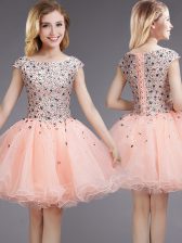 Edgy Pink Lace Up Bateau Beading and Sequins Quinceanera Court of Honor Dress Organza Cap Sleeves