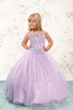 Exquisite Lilac Ball Gowns Beading Little Girls Pageant Dress Wholesale Lace Up Tulle Sleeveless Floor Length