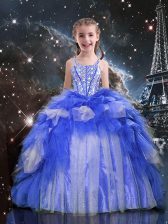  Blue Lace Up Spaghetti Straps Beading and Ruffles Little Girl Pageant Dress Organza Sleeveless