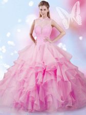  Rose Pink High-neck Lace Up Beading and Ruffles Quinceanera Dresses Sleeveless