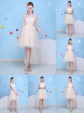 Gorgeous Champagne A-line Strapless Sleeveless Tulle Knee Length Lace Up Bowknot Quinceanera Court of Honor Dress