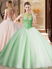 Great Apple Green Scoop Lace Up Beading Quince Ball Gowns Brush Train Sleeveless