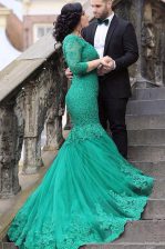  Mermaid Green V-neck Neckline Beading and Appliques Prom Dress Long Sleeves Lace Up