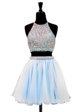  Halter Top Light Blue Sleeveless Beading Mini Length Prom Dresses