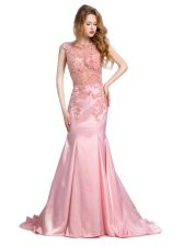  Baby Pink Mermaid Scoop Sleeveless Silk Like Satin With Brush Train Backless Beading Evening Dress