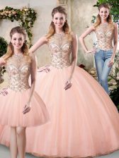 Lovely Scoop Sleeveless Lace Up Ball Gown Prom Dress Peach Tulle